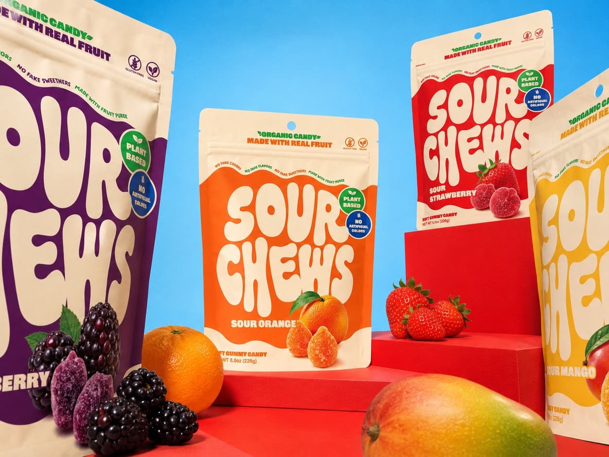 Sour Chews gummy pouches in blackberry, orange, strawberry and mango